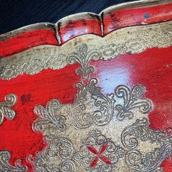 Vintage Italian Red Gold Gilded Wooden Florentine Rectangular Tray - Picture 7 of 13